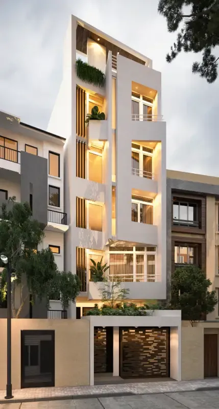 Fachada de condominio de noche